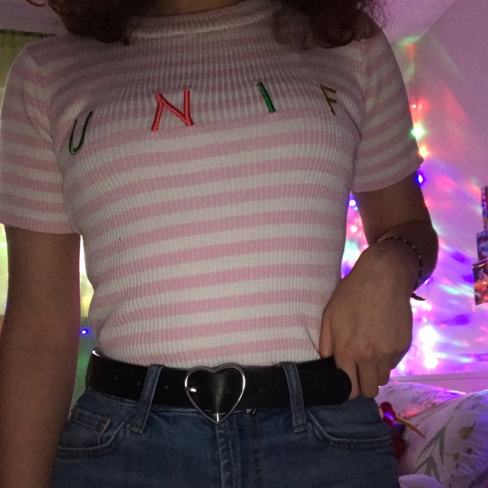UNIF pink and white striped shirt